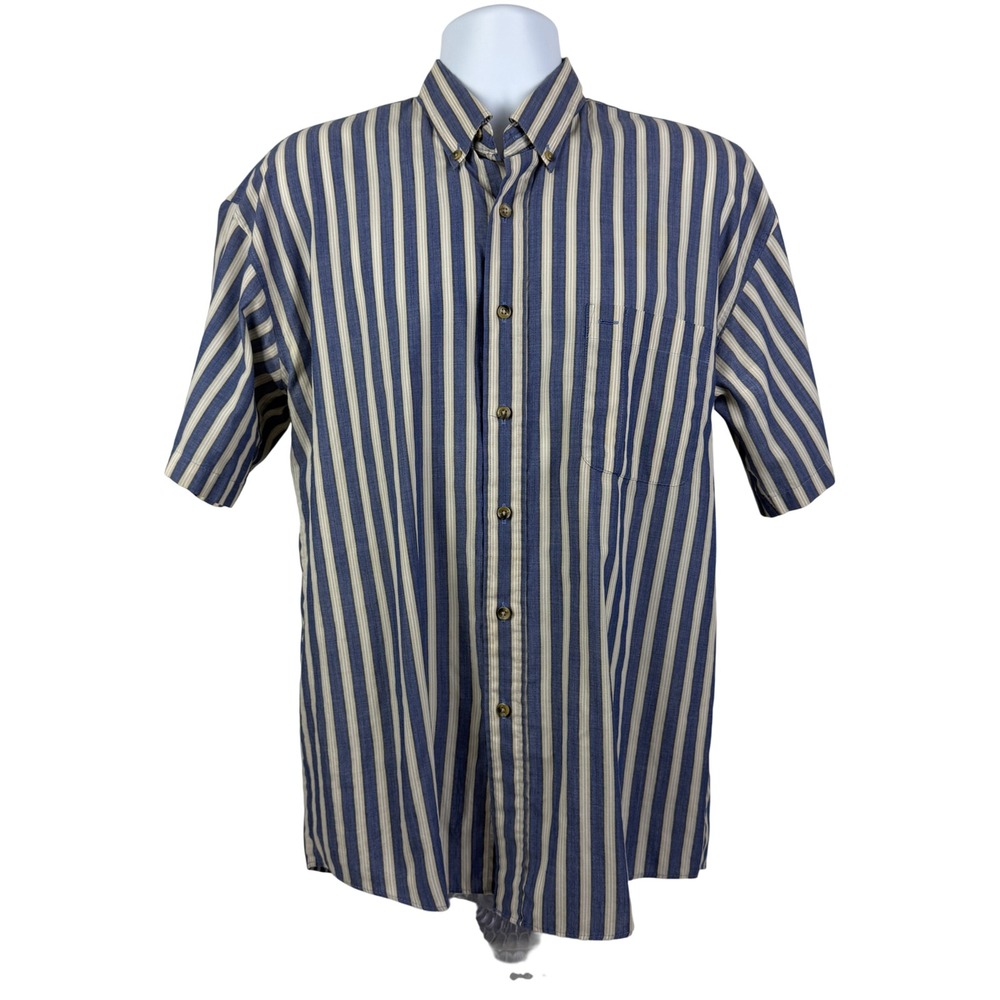 Sutter & Grant Men's Medium Short Sleeve Button Down‎ Shirt Blue Tan Striped
